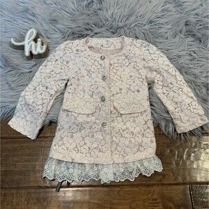 M.L. Kids Girls Cardigan Lace Jacket Size 4 5 Pink Ivory Gold Buttons Bow
